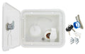 White Valterra RV Water Inlet Hatch Open - Brass City Inlet & Gravity Fill Detail | United RV Parts