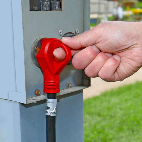 Valterra 30 Amp RV Power Cord A10-3025ED Plugged Into Campsite Pedestal Breaker Box - In-Use Lifestyle | United RV Parts