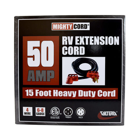 Valterra Mighty Cord 50 Amp RV Extension Cord A10-5015EH 15-Foot Packaging - Front View | United RV Parts