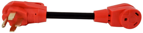 Red 12-Inch RV Power Cord Adapter 50 Amp to 30 Amp with Gold Pins - Angle View | United RV Parts