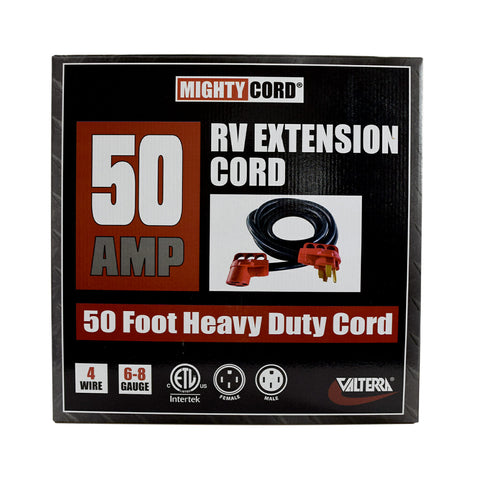Valterra 50 Amp RV Extension Cord Packaging - Mighty Cord 50-Foot Heavy Duty 4-Wire 6-8 Gauge Box | United RV Parts