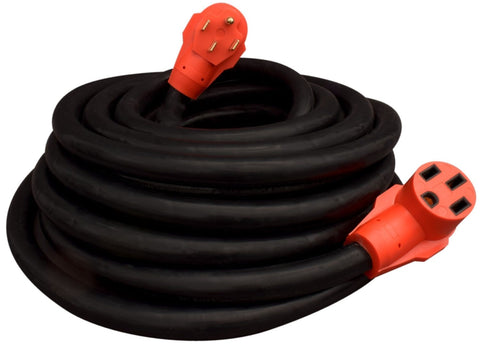 Black Rubber Valterra 50 Amp RV Extension Cord 50-Foot Coiled with Red Connectors - Front View | United RV Parts