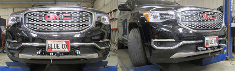 Blue Ox BX1728 Base Plate Installed on Black GMC Acadia - Front & Side View | United RV Parts