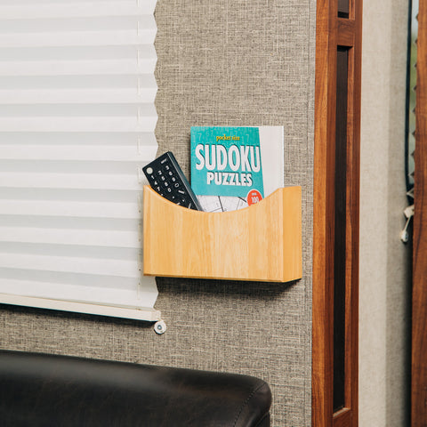 Camco Oak RV Wall Organizer Mounted in Travel Trailer Living Area - Lifestyle View | United RV Parts