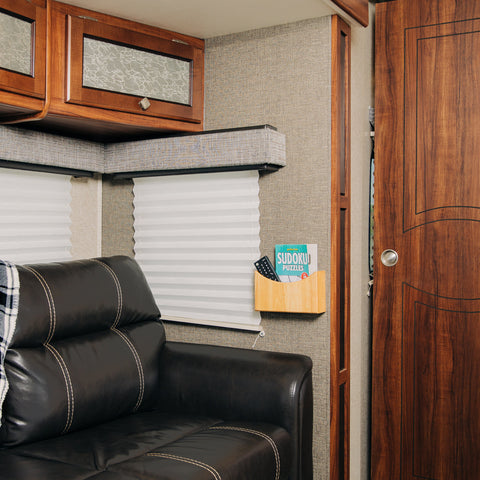 Camco 43483 Oak Hardwood Organizer in RV Bathroom Holding Toiletries - In-Use Detail | United RV Parts