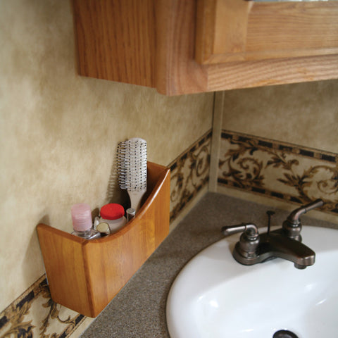 Camco Oak Wall Organizer Storing Magazines Beside RV Toilet - Lifestyle Context | United RV Parts
