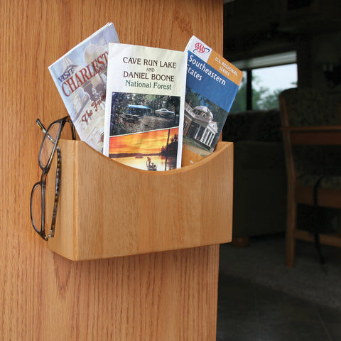 Camco Oak RV Wall Organizer Mounted on Wooden Panel with Travel Brochures - Side Angle | United RV Parts