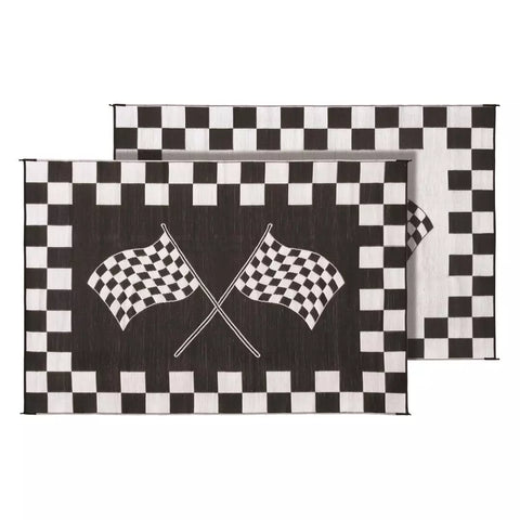 Faulkner Black & White Checkered Flag RV Patio Mat 6x9 - Dark Side Front View | United RV Parts