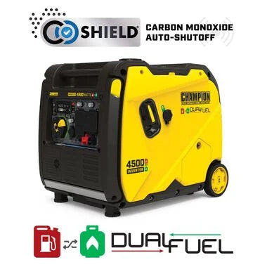 Yellow Champion 4500W Dual Fuel Generator with CO Shield - Angle View | United RV Parts