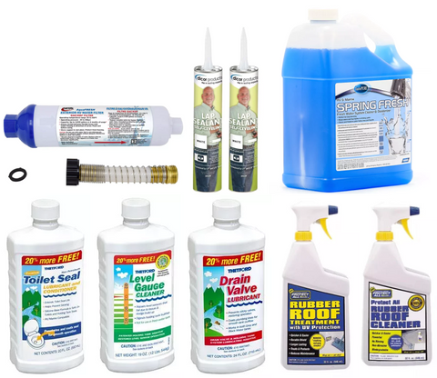 RV Dewinterization Bundle Products - Flat Lay Display | United RV Parts
