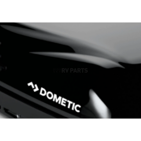 Dometic Logo Detail on Black RV Air Conditioner Housing - Close-up | United RV Parts