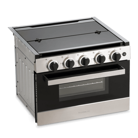 Brushed Stainless Steel Dometic 3-Burner 17" Gas Range - Three Quarter View | United RV Parts