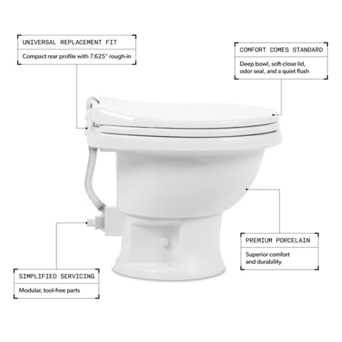 Dometic 411 RV Toilet 9610008263 Feature Callout - 7.625in Rough-In Porcelain Gravity Flush | United RV Parts