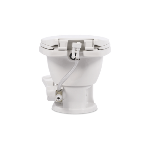 White Dometic 411 RV Toilet - Rear View Showing Water Valve and Flush Mechanism Detail | United RV Parts