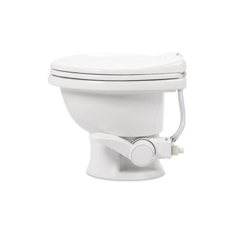 White Dometic 411 Low Profile RV Toilet - Side Profile Showing Foot Pedal and Water Supply | United RV Parts