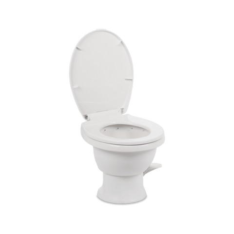 White Dometic 411 RV Toilet 9610008263 - Seat Open Front View Showing Porcelain Bowl | United RV Parts