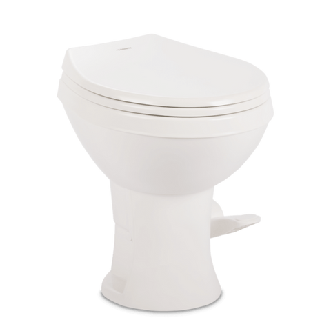 White Dometic Platinum 420 RV Toilet 9610008281 - Front Side View with Lid Closed | United RV Parts