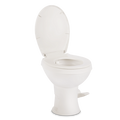 White Dometic Platinum 420 RV Gravity Flush Toilet - Side View Lid Open Showing Bowl | United RV Parts