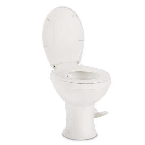 White Dometic Platinum 420 RV Gravity Flush Toilet - Side View Lid Open Showing Bowl | United RV Parts