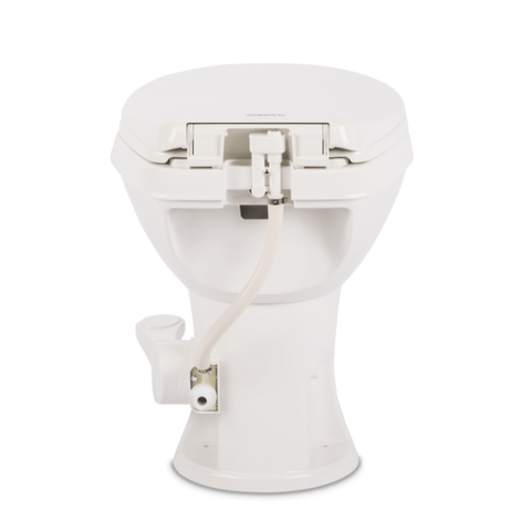 White Dometic Platinum 420 RV Toilet - Rear View Showing Water Inlet and 2-Bolt Mounting Base | United RV Parts