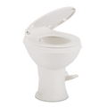 White Dometic 420 RV Toilet 9610008281 - Angled View Lid Open Showing Foot Pedal Flush | United RV Parts