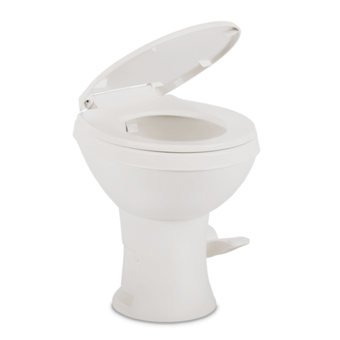 White Dometic 420 RV Toilet 9610008281 - Angled View Lid Open Showing Foot Pedal Flush | United RV Parts