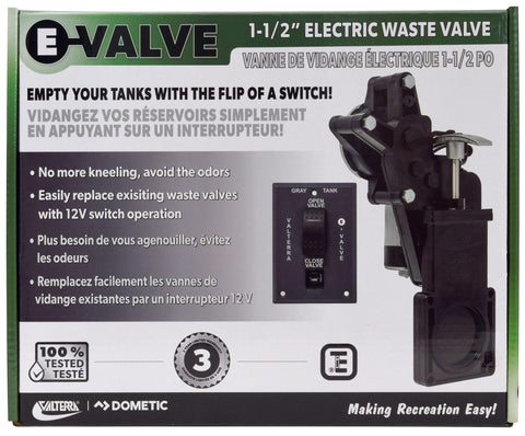 Valterra E-Valve Electric Waste Valve System - Package Top View with Specifications | United RV Parts
