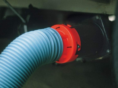 Red Valterra EZ Coupler RV Sewer Hose Adapter - Installed on Blue Sewer Hose Under RV | United RV Parts