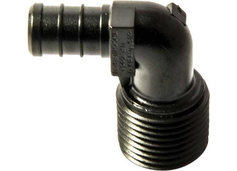 Black Plastic Flair-It EcoPoly 1/2in Barb x 1/2in MPT 90 Degree Elbow 29803 - Side Profile | United RV Parts