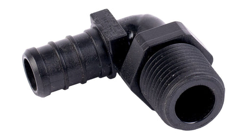 Black Plastic Flair-It 29803 RV Plumbing Elbow Adapter Barb and MPT Threads Detail - Angled View | United RV Parts