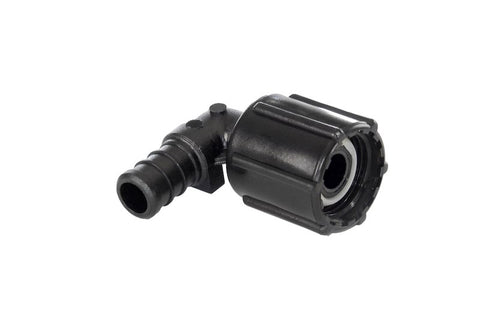 Black Plastic Flair-It EcoPoly 1/2" 90-Degree Elbow FPT Swivel Nut PEX Fitting - Side Angle | United RV Parts