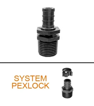 Black Flair-It PEXLOCK 1/2" MPT Barb Male Adapter 30842 - Front View with System Branding | United RV Parts