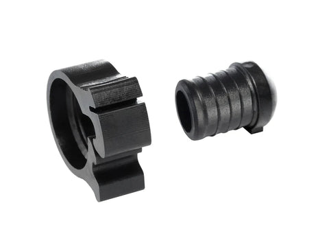 Black Plastic Flair-It PEXLOCK 1/2" PEX Plug 30863 - Close-Up Separated Components | United RV Parts