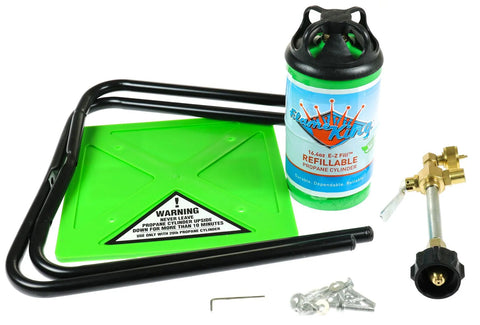 Flame King YSN1LBKT 1LB Propane Refill Kit Complete Contents - Green Stand, Cylinder, Brass Valve, Hardware | United RV Parts