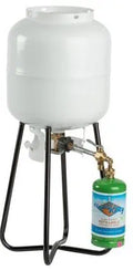 Flame King 1LB Refillable Propane Cylinder Connected to 20LB BBQ Tank on Refill Stand - In Use | United RV Parts