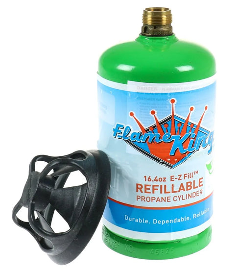 Green Flame King 16.4oz Refillable Propane Cylinder with Black Valve Cap - Side View | United RV Parts