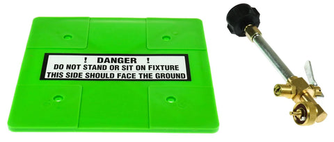 Green Plastic Refill Base Plate with Safety Label and Brass Fill Valve - Bottom Detail | United RV Parts