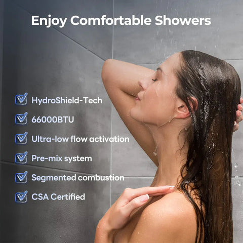 Fogatti InstaShower Ultra 66000 BTU RV Tankless Water Heater - Continuous Hot Shower Lifestyle Shot | United RV Parts