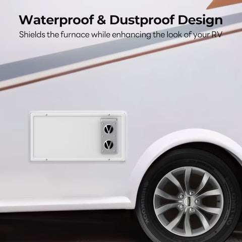 White Fogatti RV Furnace Door Panel Installed on RV Exterior - Waterproof Dustproof Design | United RV Parts