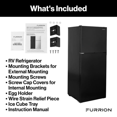 Furrion | 10.6 Cu. Ft. RV Refrigerator | 2024120713 | FCR11DCGTA-BG-LHH-B | Left Hand Hinge | 12v DC | 2 Door | Black Gloss