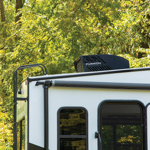 Black Furrion Chill HE Air Conditioner Lifestyle Shot - Installed on White RV Roof | United RV Parts
