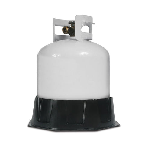Camco 57236 Black Propane Tank Stabilizing Base with 20 lb Cylinder Installed - Front View | United RV Parts