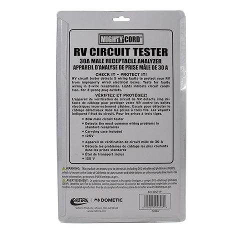 Valterra Mighty Cord 30A RV Circuit Tester A10-30CTVP - Packaging Back Label Detail | United RV Parts