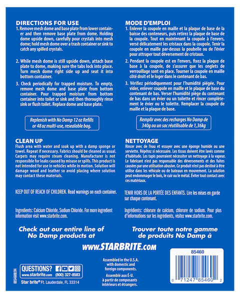 Star Brite No Damp Ultra Dome Dehumidifier 85460 - Back Label Directions | United RV Parts