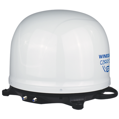 White Winegard Carryout G3 RV Satellite - Side Angle with Base | United RV Parts