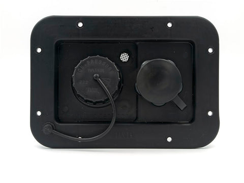 Black RV Gravity Water Fill Panel 94223 - Straight-On Front View Caps Closed | United RV Parts