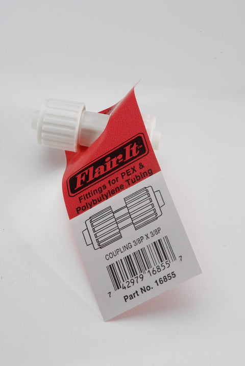 Flair-It 3/8" P Coupler Part No. 16855 with Red Packaging Label - Angled View | United RV Parts