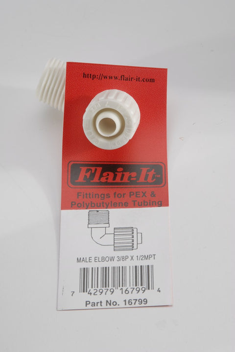 Flair-It 16799 Male Elbow 3/8P x 1/2MPT PEX Fitting on Retail Packaging | United RV Parts