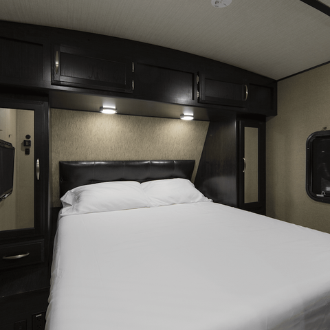 White Microfiber Sheets on RV Short Queen Bed - Styled Bedroom | United RV Parts