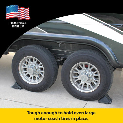 Stromberg Carlson Wheel Chock Securing Dual RV Trailer Tires - In-Use Lifestyle View | United RV Parts